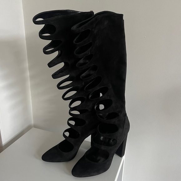 Saint Laurent black suede cut out cage Joplin 105 knee high boots - Picture 3 of 16